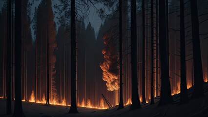 Wildfire catastrophe illustration. The forest is on fire.