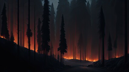 Wildfire catastrophe illustration. The forest is on fire.