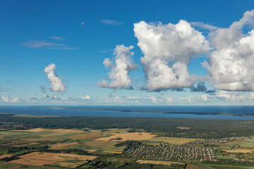 The landscape of Lithuania while flying in a hot air balloon near the Curonian Spit