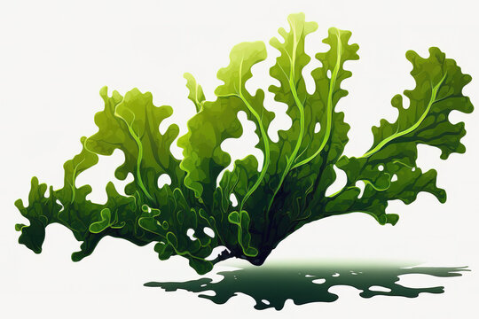 Green seaweed known as sea lettuce on a white background. Copy space looking up. Generative AI