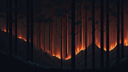 Wildfire catastrophe illustration. The forest is on fire.