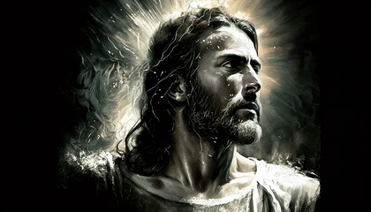 in the foreground is the face of Jesus, looking sideways. The image conveys a feeling of serenity and inner peace. Generative AI,