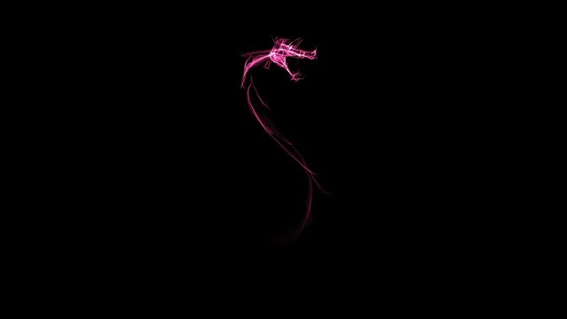 Drawing process. Timelapse. Pink fire-breathing dragon symbol. Neon glowing line. 2024. Animated figure of winged mythological monster appearing in purple and pink gradient on black background