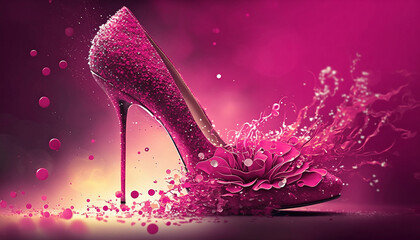 Sparkling Pink stiletto heels against a glittering bokeh background. Glamorous Pink stilettos with glitter and bokeh details. Generative AI,
