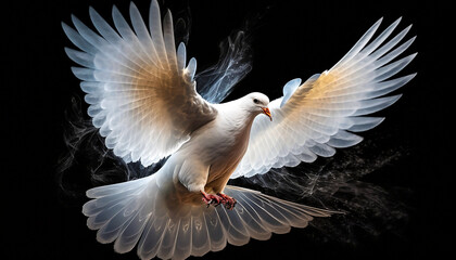 White dove with open wings on a black background...The dawn of purity...Wings of Liberty...Generative AI.