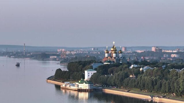 Aerial view. Volga embankment in Yaroslavl in the Strelka area. Cathedral of the Assumption of the Blessed Virgin Mary.