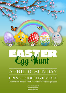 easter poster with colorful eggs on spring background. egg hunt flyer