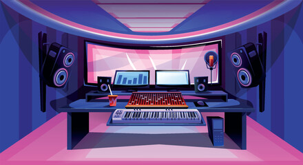 Music studio room. Professional music workspace with instruments, song recording equipment and vocal booth behind insulating glass. Headset, audio mixer and piano. Cartoon flat vector illustration