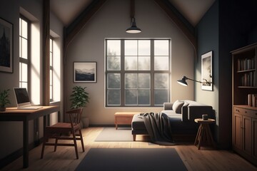 Naklejka na ściany i meble Minimalistic room with window and bed