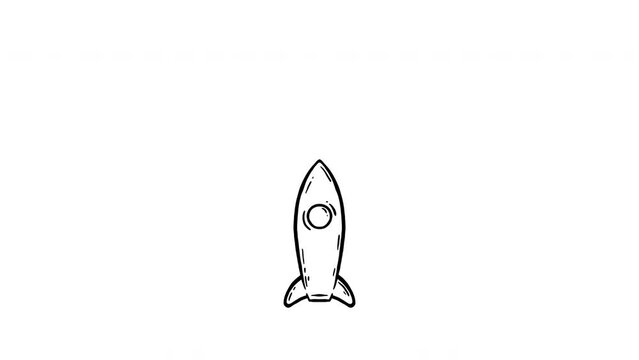 Frame-by-frame animation doodle for Cosmonautics Day. 4K video of handdrawn rocket taking off with puffs of smoke and flying through the clouds into space. Stop motion animation. Spray. Rush up. Drop