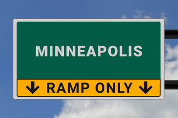 Minneapolis logo. Minneapolis lettering on a road sign. Signpost at entrance to Minneapolis, USA. Green pointer in American style. Road sign in the United States of America. Sky in background