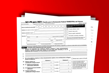 Fototapeta premium Form 941 (PR) documentation published IRS USA 06.25.2021. American tax document on colored
