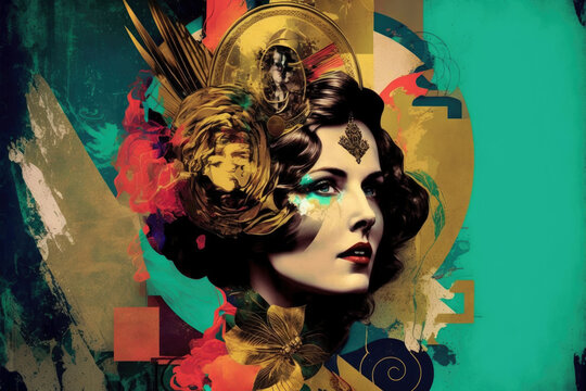 Beautiful young woman dressed in art deco style with flowers and golden jewelry. Generative AI