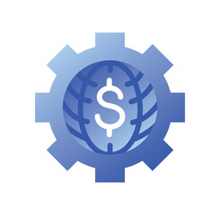 Business related icon. Global economy or international finance. Gear wheel with dollar and planet symbol. Business processes. Cartoon flat vector illustration isolated on white background