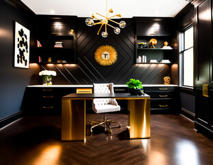 A black and gold office with a desk and a gold lamp 