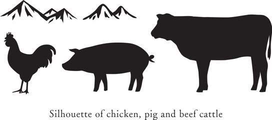 食用の鶏と豚と牛と山のシルエット