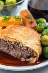 Closeup of Beef Wellington with mushroom Duxelles, served with brussels sprouts and Chateau potato