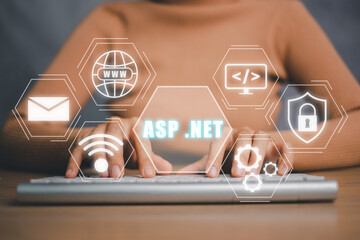 ASP.NET Development programming language concept, Person hand typing on keyboard computer with...