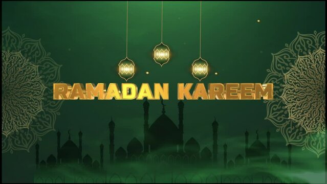 Premium ramadan kareem animation, with mosque temple, walking clouds and swaying lights, green background