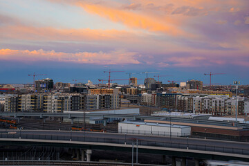 Traffic, Railroad, Construction during Sunset