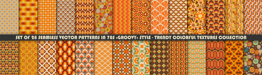 Set of colorful geometric and floral Vector Seamless Patterns. Retro 70s Style Nostalgic Fashion Textile textures. Summer Resort Prints. Daisies. Flower Power - 577216573