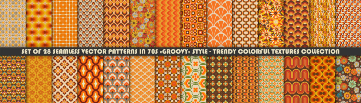 Set of colorful geometric and floral Vector Seamless Patterns. Retro 70s Style Nostalgic Fashion Textile textures. Summer Resort Prints. Daisies. Flower Power