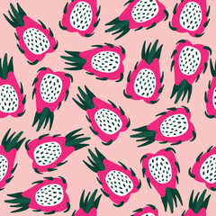 Cute vector seamless dragon fruit pattern.Illustration of exotic tropical papaya.Suitable for textile design, prints for clothes,wrapping paper, cards, wallpapers.Vector illustration of a dragon fruit