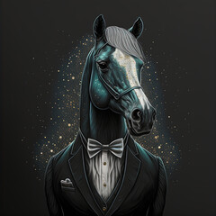 Naklejka premium Fashion horse in suit and bow tie. Generative AI