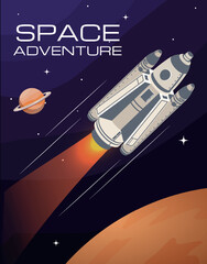 Mars space adventure concept. Spaceship or rocket flies in space with planets, satellites and stars. Astronomy and astrology. Innovation and exploration of universe. Cartoon flat vector illustration