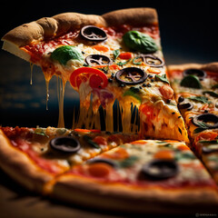 Delicioso pedaço de pizza derretida criado por IA - obrazy, fototapety, plakaty