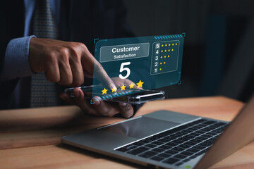 Customer review satisfaction feedback survey concept. User give rating to service experience on online application. Customer can evaluate quality of service leading to reputation ranking of business.