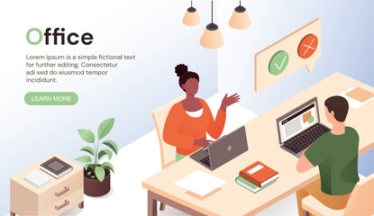 Work in office. Man and woman sitting at table with laptop. Colleagues and partners work on common project, efficient workflow and business. Landing page. Cartoon isometric vector illustration
