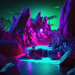 neon wave landscape, cyberpunk, retro wave, ai generated art, generative ai, upscaled