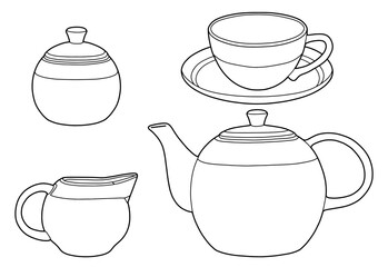 Hand drawing tea set. Teapot, milk jug, sugar bowl and cups and saucers. Black outline. Coloring page.