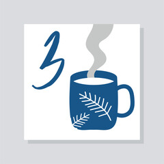 Advent calendar with number 3. Blue mug with white branch silhouette, hot drink. Holiday and festival, New Year and Christmas. Template, layout and mock up. Cartoon flat vector illustration