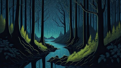 А painting of a forest with fireflies and stars in the sky above it and a stream of water. Illustration. 
