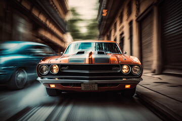 Fototapeta na wymiar Vintage American car driving through streets made with generative ai