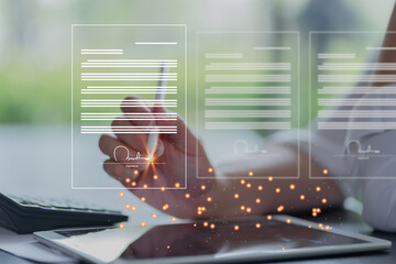 Online business contract Electronic signature, e-signing, digital document management, paperless office, signing business contract concept.	