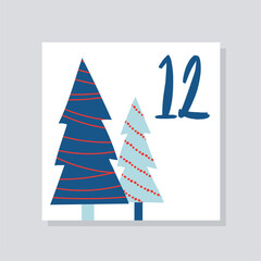 Advent calendar with number 12. Blue Christmas tree under snow with garlands and decorations. Poster or banner for website. Christmas and New Year. Cartoon flat vector illustration