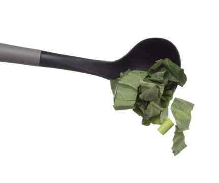 Kale fly fall in turner, green fresh vegetable chinese kale cut chop slice. Organic fresh vegetable with eaten leaf of chinese kale, heap close up texture. White background isolated freeze motion