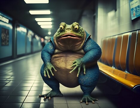 Isolated frog shaped alien passenger waiting on subway platform, strange toad or charming prince escaped from fairy tale or from outer space, sci-fi visitor from other world made with AI Generative