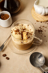 Affogato Italian dessert, coffee and ice cream in glass mug.