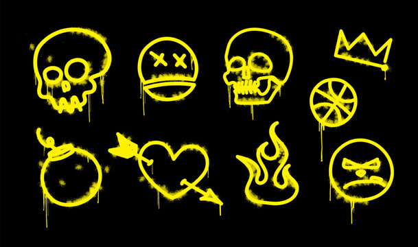 Simple graffiti in very messy style with dripping paint, spray effect and splatter. Dirty graphic box symbols texture, logo street art. Graffiti elements - skull, heart with arrow, bomb, fire, emoji