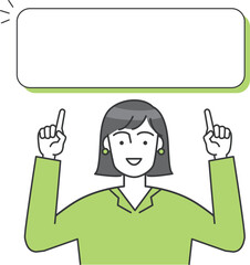 ビジネスパーソン（女性）が両手で頭の上のボードを指差しているベクターイラスト