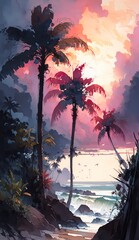 Fototapeta na wymiar Sand beach with palms and rocks in the light of sunset. Vertical watercolor illustration of a tropical summer landscape. Generative AI art.