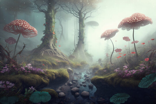 Fantasy Magical Mushrooms and Butterfly in Enchanted Fairy Tale Dreamy Elf Forest.