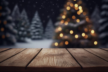Christmas and New year background with empty wooden deck table over blurred christmas tree at night. Empty display for product montage. Rustic scene Generative AI