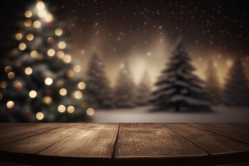 Christmas and New year background with empty wooden deck table over blurred christmas tree at night. Empty display for product montage. Rustic scene Generative AI