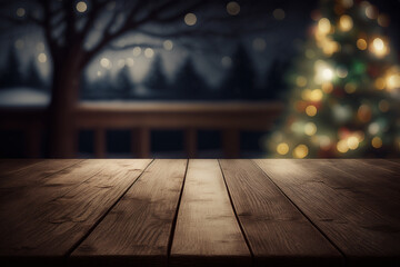 Christmas and New year background with empty wooden deck table over blurred christmas tree at night. Empty display for product montage. Rustic scene Generative AI