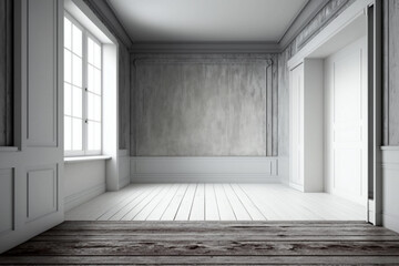 Empty a white interior of vintage room - gray grunge concrete wall and old wood floor. Realistic 3d as perfect background for your concept or project Generative AI